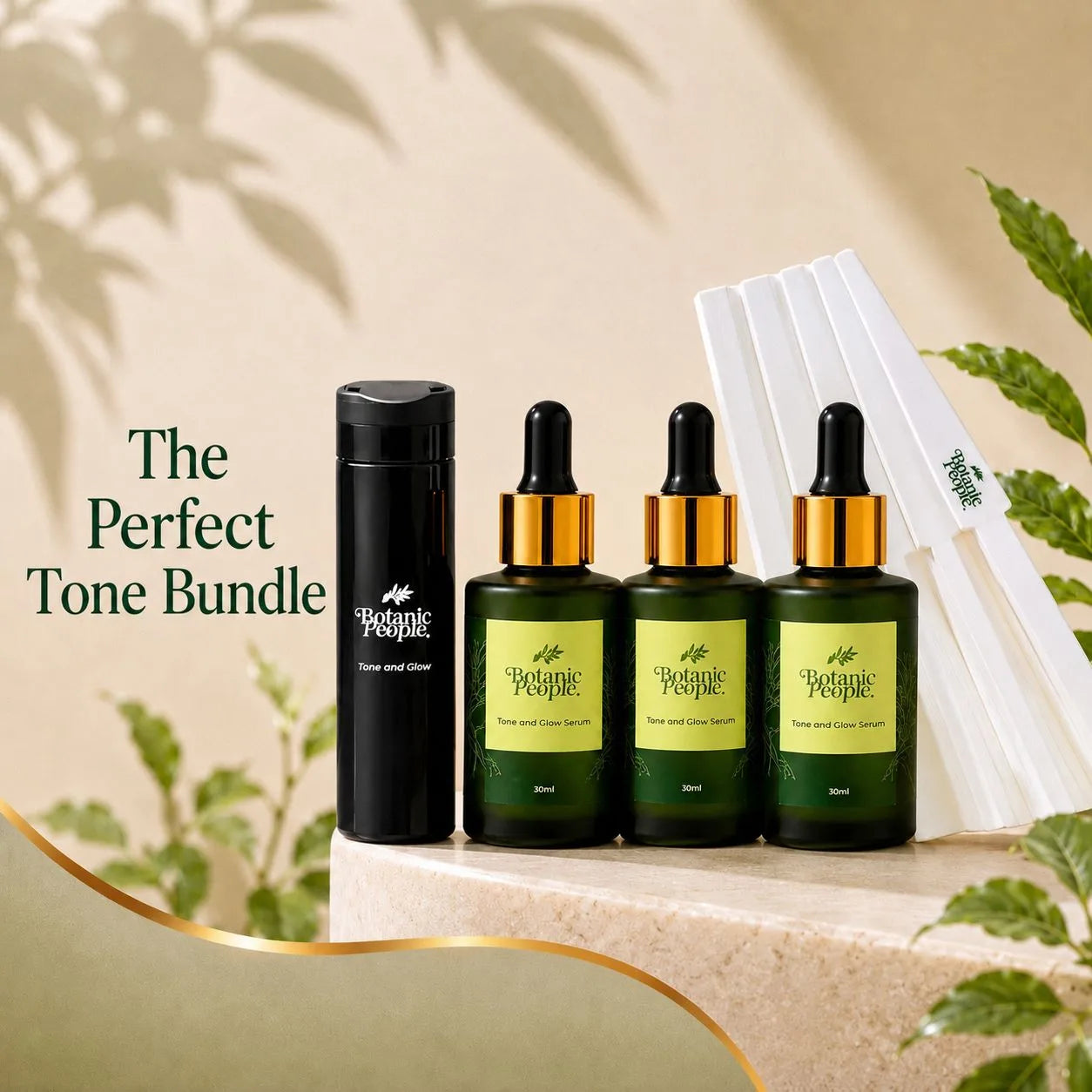 The Perfect Tone Bundle — three Tone and Glow Serums with prep spray and hand fan